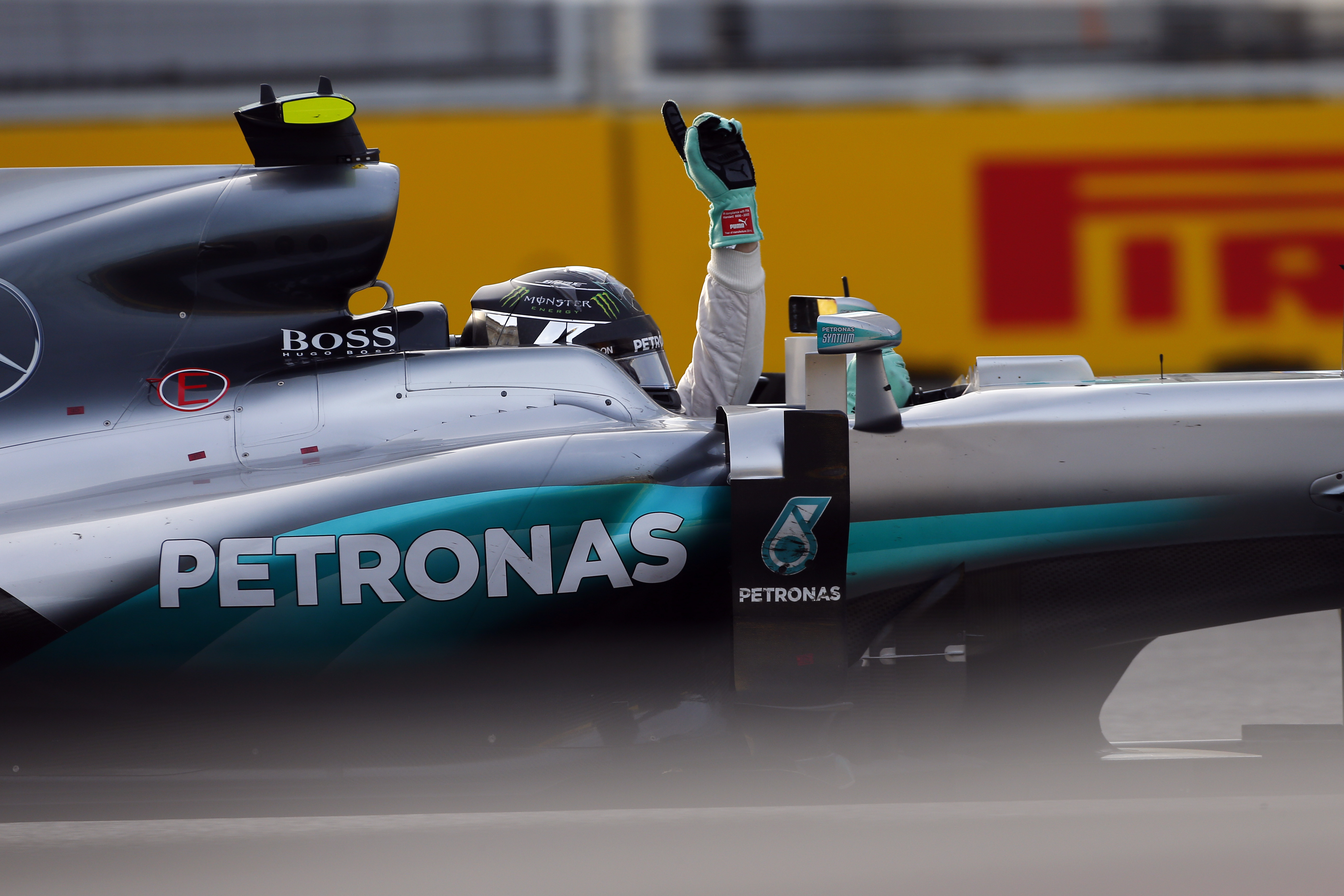 www.sutton-images.com Race winner Nico Rosberg (GER) Mercedes-Benz F1 W07 Hybrid celebrates at the end of the race at Formula One World Championship, Rd8, European Grand Prix, Race, Baku City Circuit, Baku, Azerbaijan, Sunday 19 June 2016.